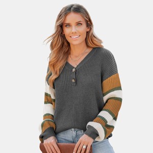 Women's V-Neck Buttoned Striped Long Sleeve Sweater - Cupshe - 1 of 4