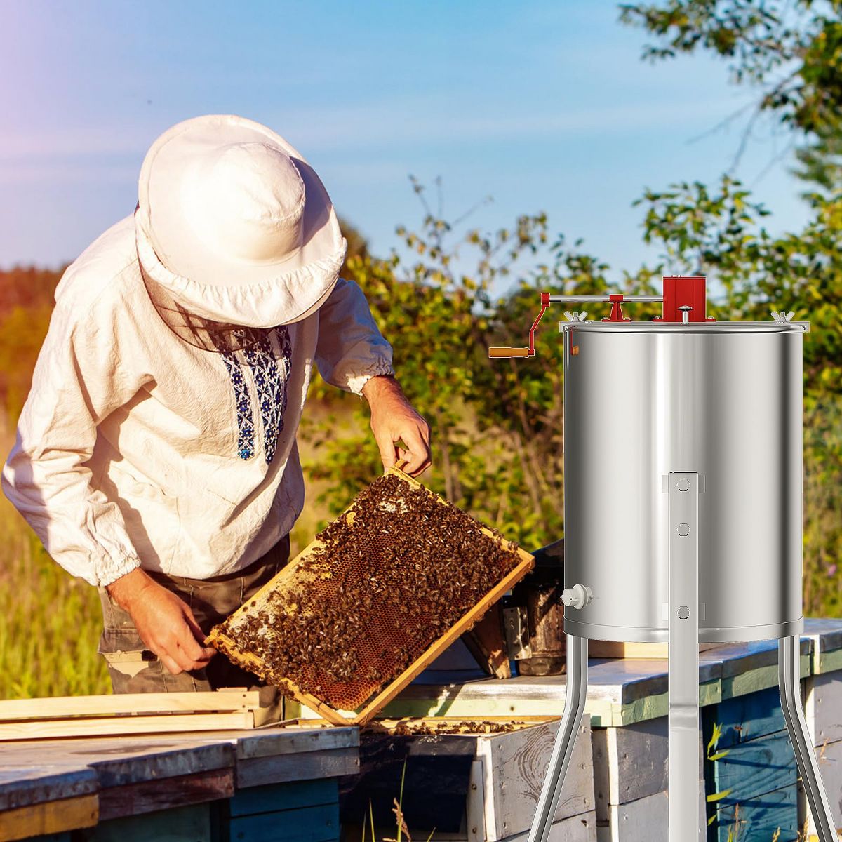 2/4 Frame Manual Honey Extractor, Stainless Steel Beekeeping Spinner with Adjustable Height Stand, Clear Lid, Fits 4 Deep Medium Shallow Frames - thumbnail 2