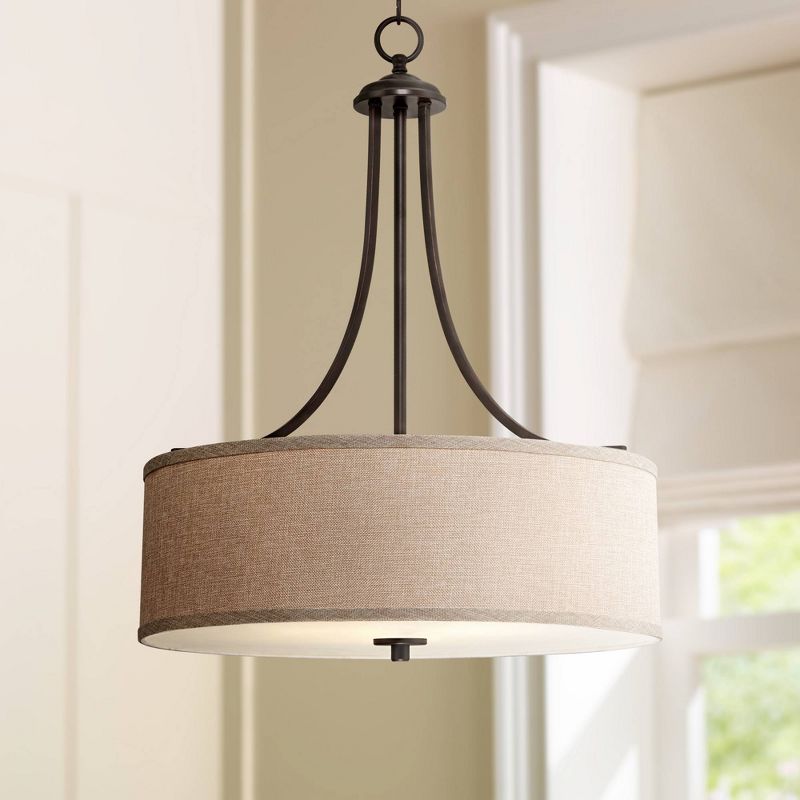 Franklin Iron Works Oil Rubbed Bronze Pendant Chandelier 19 1/2" Wide Farmhouse Rustic Oatmeal Linen Drum Shade Fixture for Dining Room Kitchen Island, 2 of 9