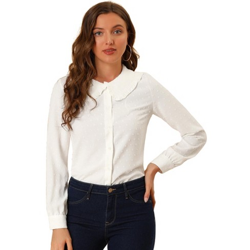 Allegra K Women's Swiss Dots Blouse Peter Pan Collar Long Sleeve Button  Down Shirt Large White