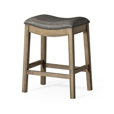 HomeRoots 26" Stone and Oak Faux Leather and Solid Wood Backless Counter Height Bar Chair