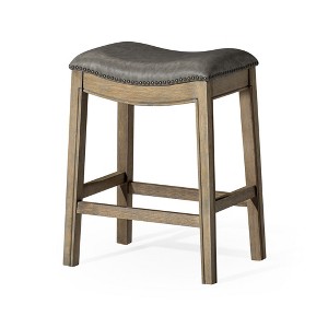 HomeRoots 26" Stone and Oak Faux Leather and Solid Wood Backless Counter Height Bar Chair - 1 of 4