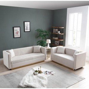 Contemporary Vertical Channel Tufted Velvet Loveseat Set - Modern 2-Piece Sofa with 4 Pillows, Gold Metal Base & Solid Wood Frame for Living Room - 1 of 4