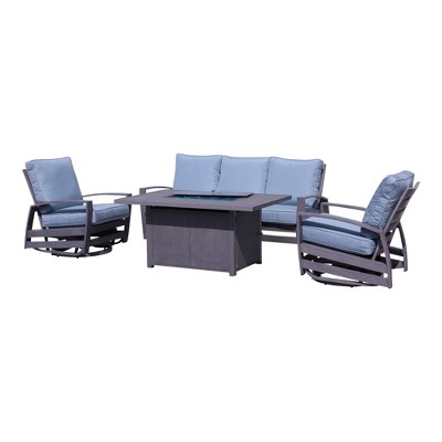 Courtyard Casual Cabo Motion  4 pc Sofa Fire Pit Set  Includes: One Sofa, One Fire Pit and Two Swivel Gliders