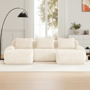 146" Modular Sectional Sofa Flannelette 4-Seater Deep Seat Buckle No Assembly Cream - 1 of 4