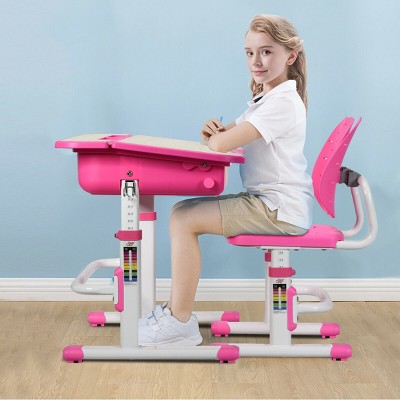 Costway Adjustable Children Study Desk Chair Set W/winged Backrest Pink
