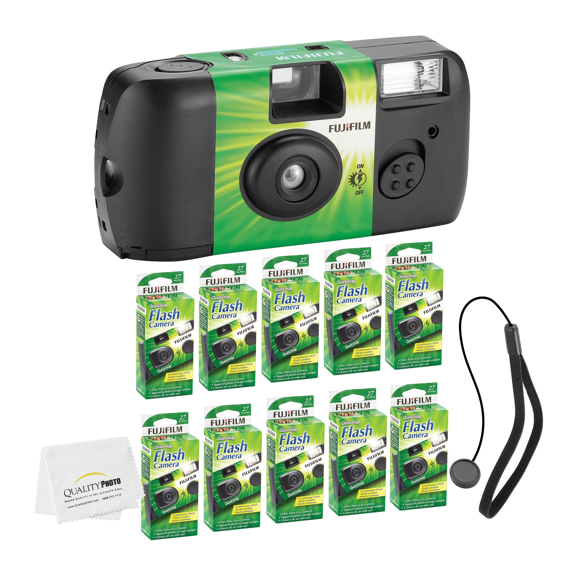 Fujifilm QuickSnap Flash 400 Disposable 35mm Camera (10 Pack) Bonus Hand Strap + Quality Photo Microfiber Cloth