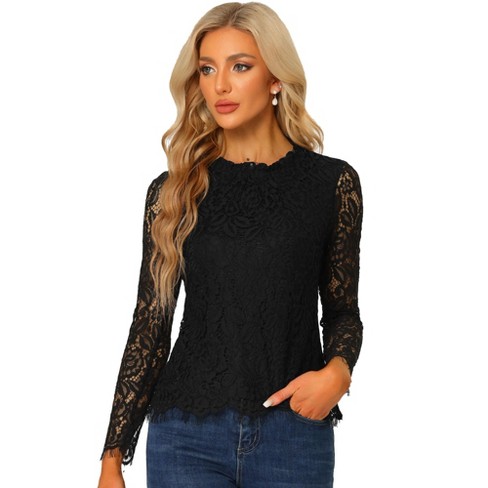 Allegra K Women's Lace Long Sleeve Ruffle Neck Floral Blouse Black Small