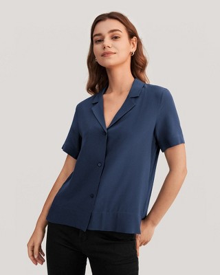 Lilysilk Women's V Neck Half-sleeve Notch Silk Shirt - Navy Blue,large ...