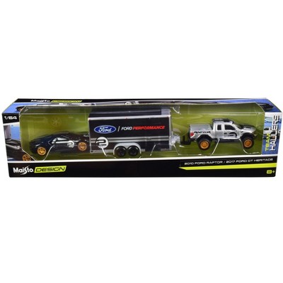 2010 Ford Raptor Pickup Truck Silver & 2017 Ford GT #2 Heritage Ed. Black & Enclosed Car Trailer Black "Ford Performance" 1/64 Diecast Models Maisto
