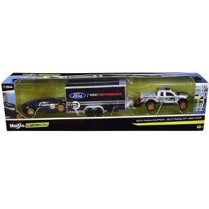 2010 Ford Raptor Pickup Truck Silver & 2017 Ford GT #2 Heritage Ed. Black & Enclosed Car Trailer Black "Ford Performance" 1/64 Diecast Models Maisto - 1 of 1