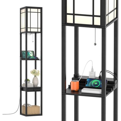 Tangkula Modern Shelf Floor Lamp with Shelves and Drawer, 1 Power Outlet and 2 USB Ports, Standing Floor Lamp Black