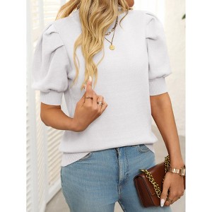 Womens Round Neck Knit Tops Puff Short Sleeve Casual Knit Sweater Blouse - 1 of 4