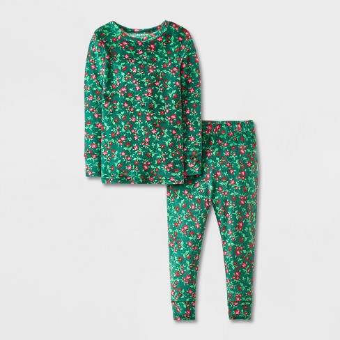 Toddler 2pc Snuggly Soft Snug Fit Christmas Floral Pajama Set Cat Jack Green 5t Target