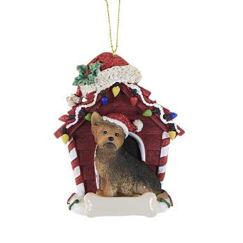 Holiday Ornament Dog In Dog House  -  One Ornament 4.0 Inches -  Christmas Bone  -  E0618 Yorkie  -  Polyresin  -  Multicolored