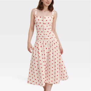 Garvee Womens Retro Polka Dot Sundress Wide Straps Front Button Down Tea  Length A Line Casual French Vintage Midi Summer Dresses,Red Polka