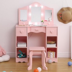 Vanity Desk Makeup Vanity with Large Mirror, 6 Storage Drawers, 3 Color Adjustable Lighting, Open Shelves, Brightness Control, Natural - 1 of 4