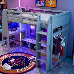 YOOCOZZ Full Size Wood Gaming Loft Bed with Desk, Multi-storage Shelves, LED and a Hanging Clothes Rack - 1 of 4