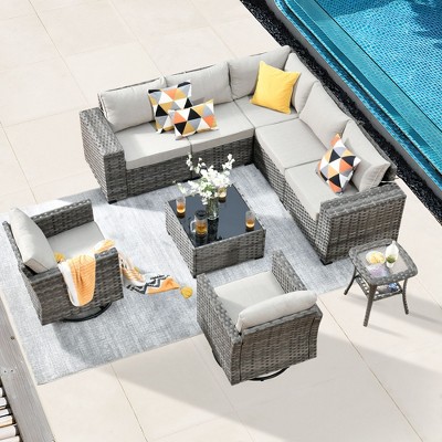 XIZZI 9PCS Patio Furniture Set with Sectional Sofa, All Weather PE Wicker Conversation Couch Set with Swivel Rocking Chairs and Side Table, Beige