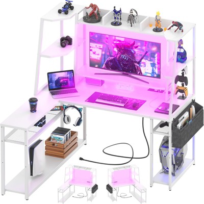 Aheaplus L Shaped Desk with LED Lights & Charging Station, Corner Desk with Hutch & Shelves