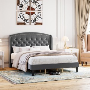 Full Size Bed Frame, Velvet Upholstered Platform Bed Frame with Wingback Headboard, Button Tufted Design & Wood Slats Support, Grey - 1 of 4