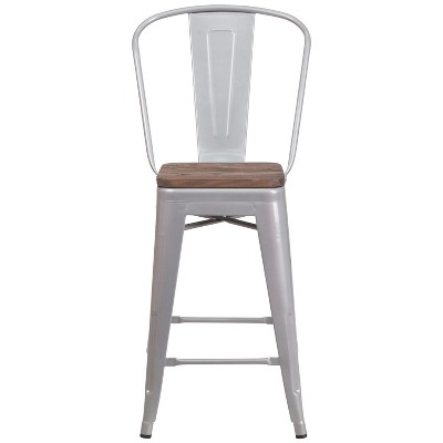 Silver Metal Counter Stool with Curved Slatted Back and Textured Wood Seat