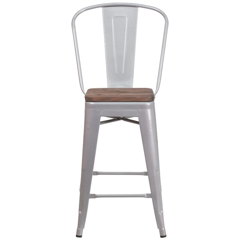 Merrick Lane Metal Dining Stool with Curved Slatted Back and Textured Wood Seat, 5 of 20
