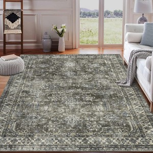 Washable Area Rug, Non-Slip Vintage Low-Pile Indoor Carpet, Distressed Floral Print, Ultra Soft Foldable - 1 of 4