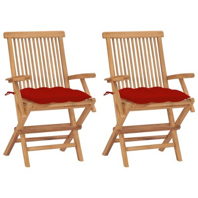 vidaXL Patio Chairs with Red Cushions 2 pcs Solid Teak Wood