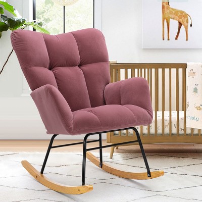 April Ivory Velvet Fabric Upholstered Glider Rocker,nursery Rocking Chair,with  High Backrest Mid Century Rocking Chair-maison Boucle‎ : Target