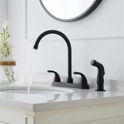 Matte Black Double Handle Bridge Kitchen Faucet with Pull-out Spray