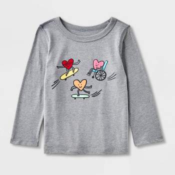 Toddler Kids' Adaptive Long Sleeve Valentine's Day 'Skating Hearts' Graphic T-Shirt - Cat & Jack™ Gray