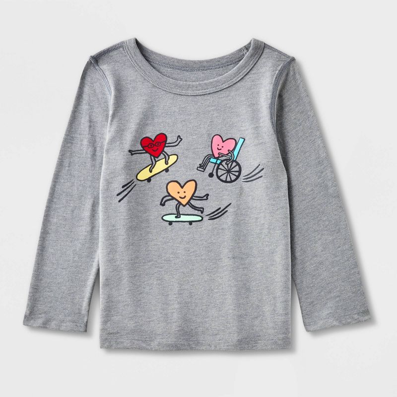 Toddler Kids' Adaptive Long Sleeve Valentine's Day 'Skating Hearts' Graphic T-Shirt - Cat & Jack™ Gray, 1 of 5