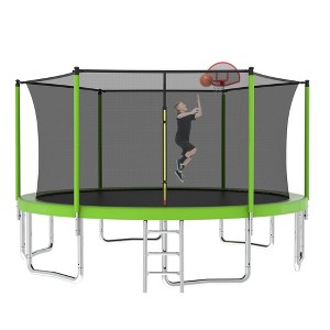 SEVOBAL Trampolines, 14FT Outdoor Trampoline with Safety Enclosure Net and Basketball Hoop for Family Recreation, Green, 168.11"*168.11"*107.87" - 1 of 4