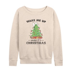 Women's - Peanuts - Snoopy Wake Me Up Christmas Lightweight French Terry Wide Neck Long Sleeve Graphic Shirt - 1 of 4