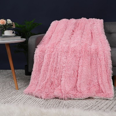 1 Pc Queen Faux Fur Flannel Fleece Bed Blankets Pink  - PiccoCasa