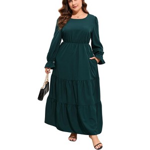 Plus Size Women's Long Sleeve Maxi Dress with Bell Sleeves Double Layer Hem Fall Casual Swing Dress with Pockets - 1 of 4