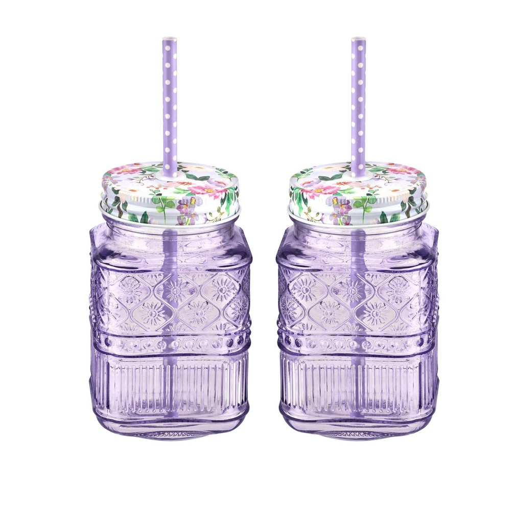 Photos - Glass 16oz 2pk Crystal Claro Mason Jar Glasses Purple - Godinger Silver: Lead-Free Crystal, Dishwasher-Safe, Includes Straw & Lid