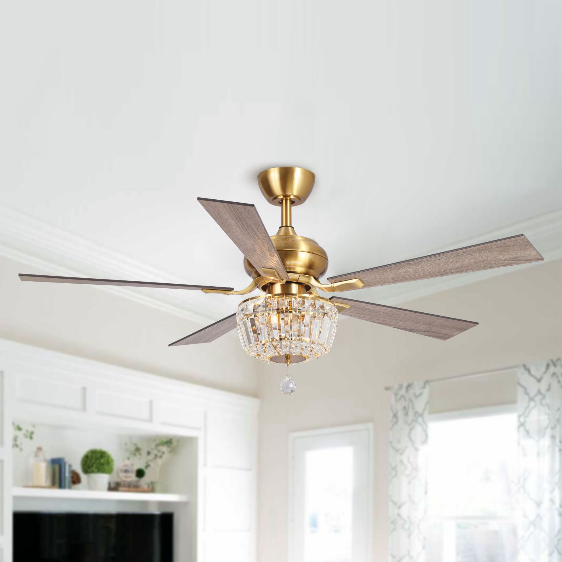 Parrot Uncle 52" Modern Crystal Ceiling Fan with Light and Remote for Kitchen Livingrooms Diningrooms-Downrod Ceiling Fan Light