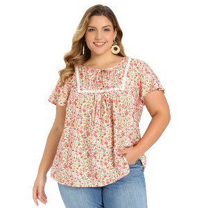 Women's Plus Size Summer Floral Print Pintucked Trim Front Ruffle Sleeve Tie Neck Casual Vacation Blouses - GRACE & GRANDEUR - 1 of 4