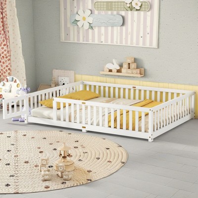 ROOMTEC Floor Bedframe w/Safety Guardrails and Door,Wood Bed with Removed Slats for Kids