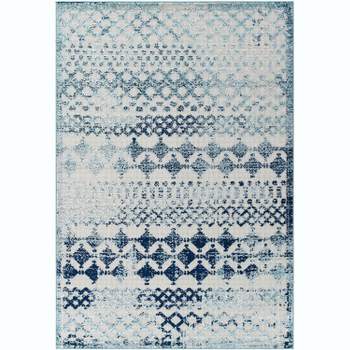 Modway Reflect Giada Distressed Vintage Abstract Diamond Moroccan Trellis 8x10 Indoor and Outdoor Area Rug, 8 ft x 10 ft, Ivory and Blue