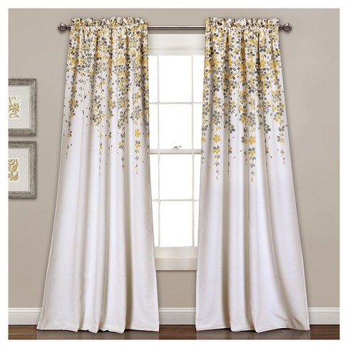 Weeping Flowers Room Darkening Window Curtain Set Yellow & Gray (52