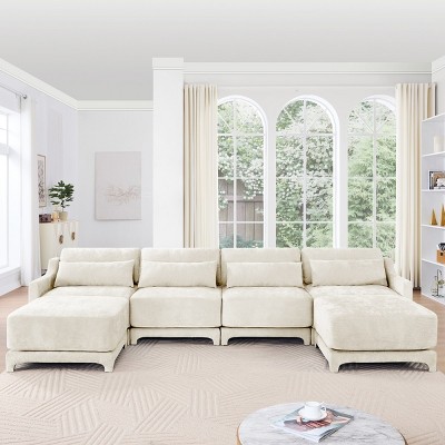 Modular Sectional Sofa, 4-Seater Chenille Fabric Couch with Ottoman, High-Resilience Foam and Wood Frame – Cuddlewood