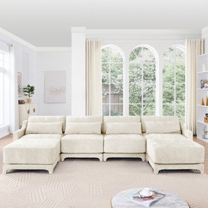 Modular Sectional Sofa, 4-Seater Chenille Fabric Couch with Ottoman, High-Resilience Foam and Wood Frame – Cuddlewood - 1 of 4