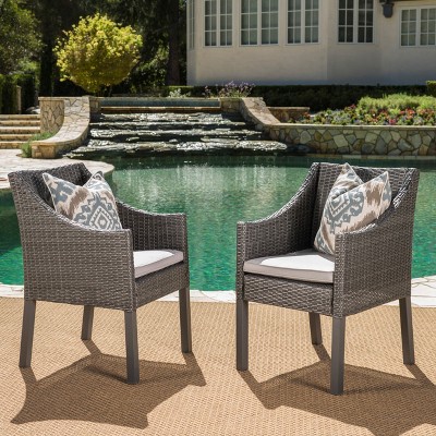 Gray Wicker Outdoor Dining Chairs with Cushions, Set of 2