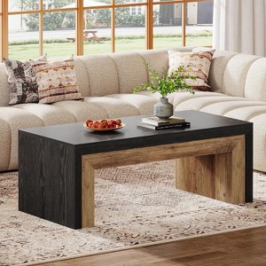 Lantine Farmhouse Coffee Table, Mid-Century Modern Coffee Table with Sturdy Base, Large Rectangle Accent Center for Apartment, Black & Walnut - 1 of 4