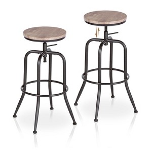 HomeRoots Set of Two Walnut and Black Wood and Iron Backless Adjustable Height Swivel Bar Chairs - 1 of 4