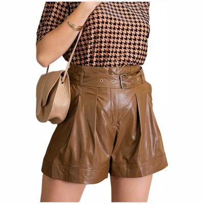 Women's Faux Leather Belted Shorts - KORI
