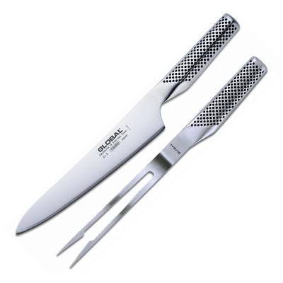 Global Classic Stainless Steel 2 Piece Carving Set with Carving Knife and Bent Carving Fork